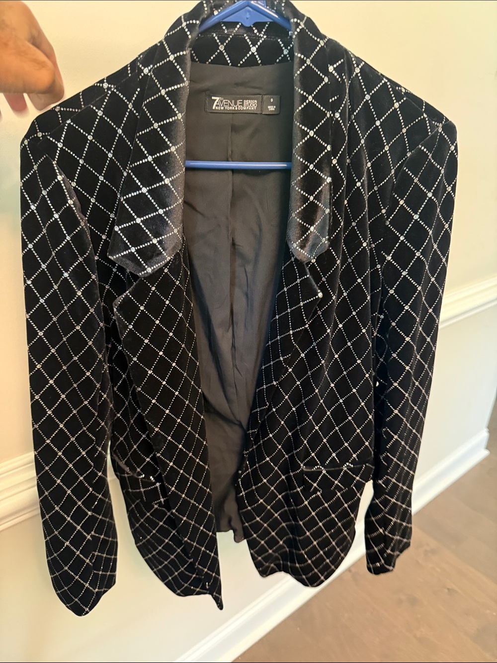 New York & Company Black Velvet Blazer with Silver Grid Accents
